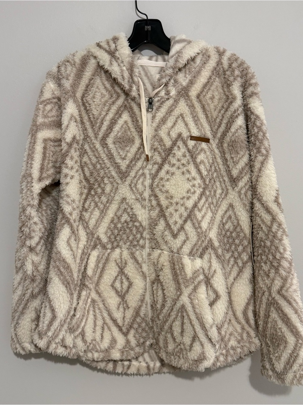 Billabong Cream Gray Geometric Sherpa Fleece Full Zip Hooded Jacket